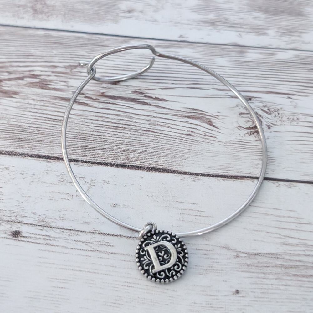 Silver Tone Bracelet with D Initial Charm - Fair Condition